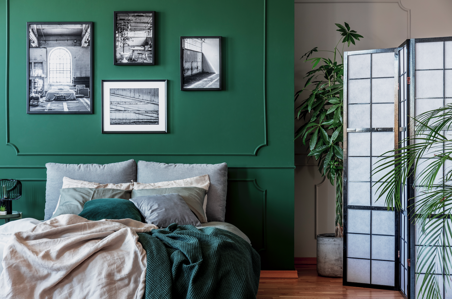 bedroom with lush, green painted wall and foldable, glass paneled wall