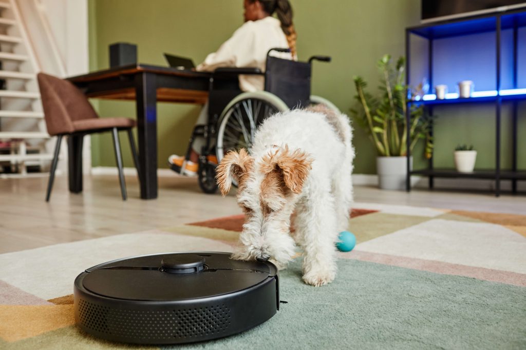 dog sniffs smart home vacuum