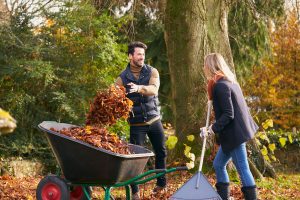 young couple raking leaves and doing yard maintenance in the fall